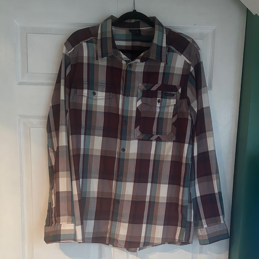 Oakley Men's Burgundy and White Plaid Flannel Shirt